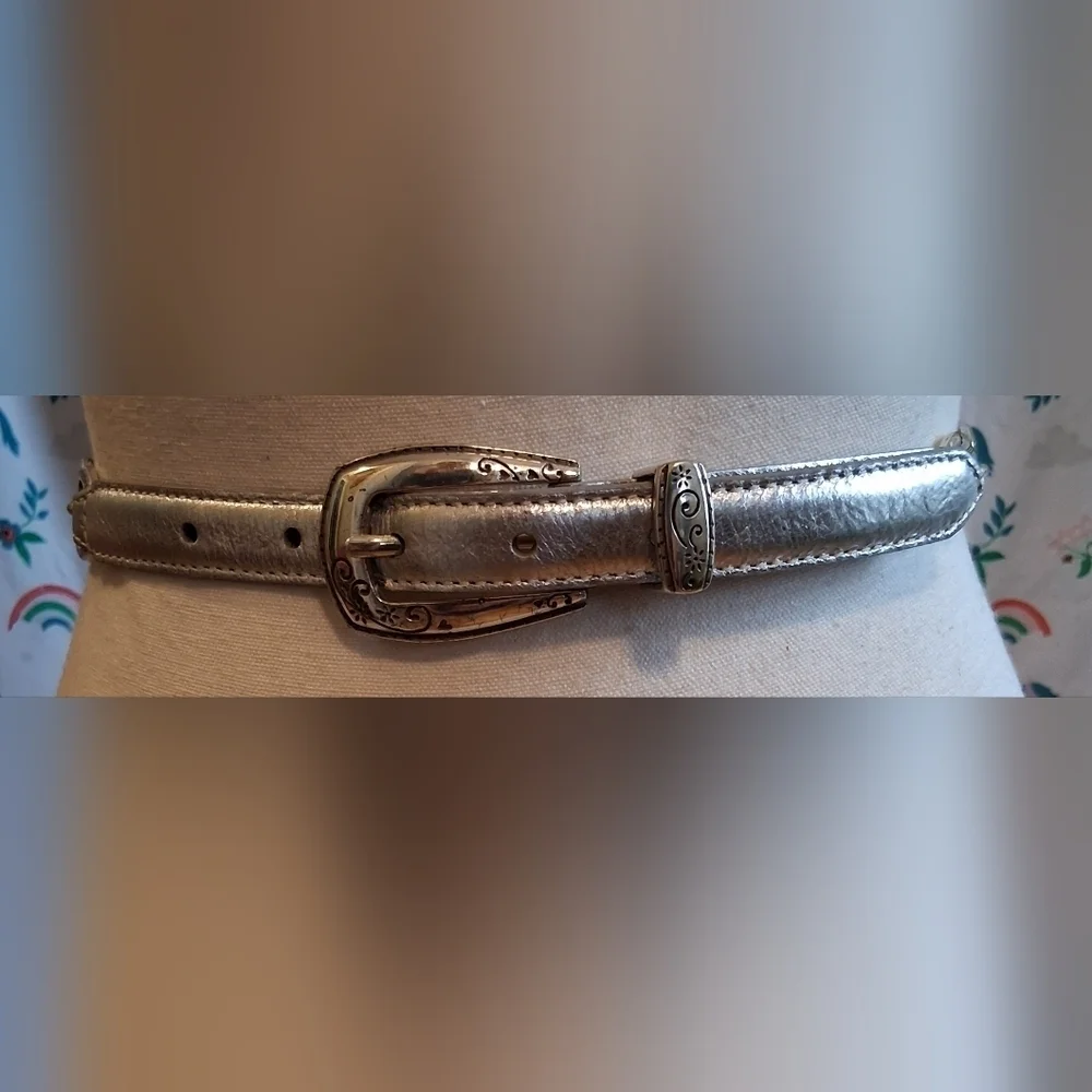 Vintage Y2K Brighton Silver Leather Boho Casual Everyday Belt w/ Hearts 36in